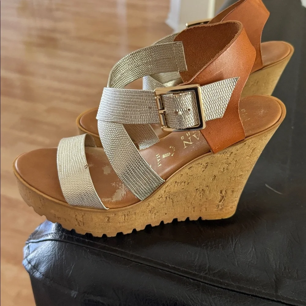 Italian Shoemakers Metallic Gold and Tan Wedge Sandals